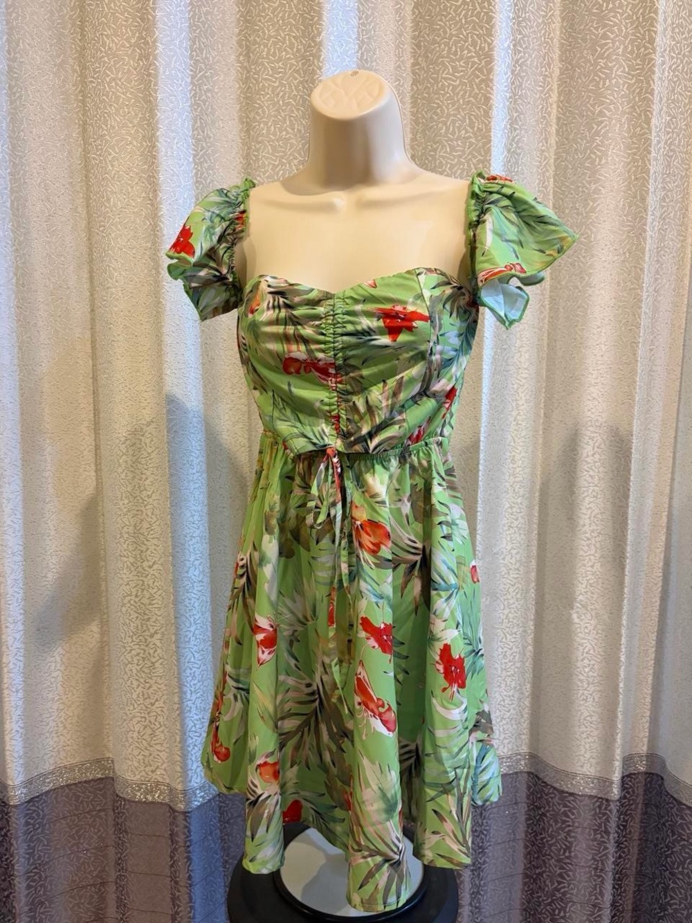 AREA Green Floral Puff-Sleeve Mini Dress with Red Accents
